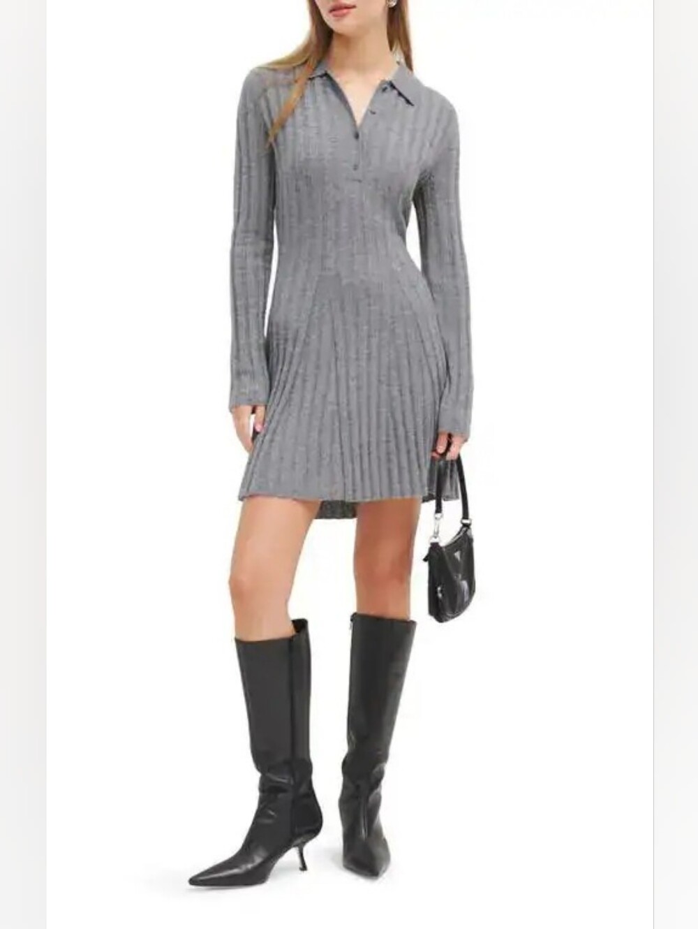 🔥Reformation Gray Ribbed Long-Sleeve Polo Dress - Size Medium
